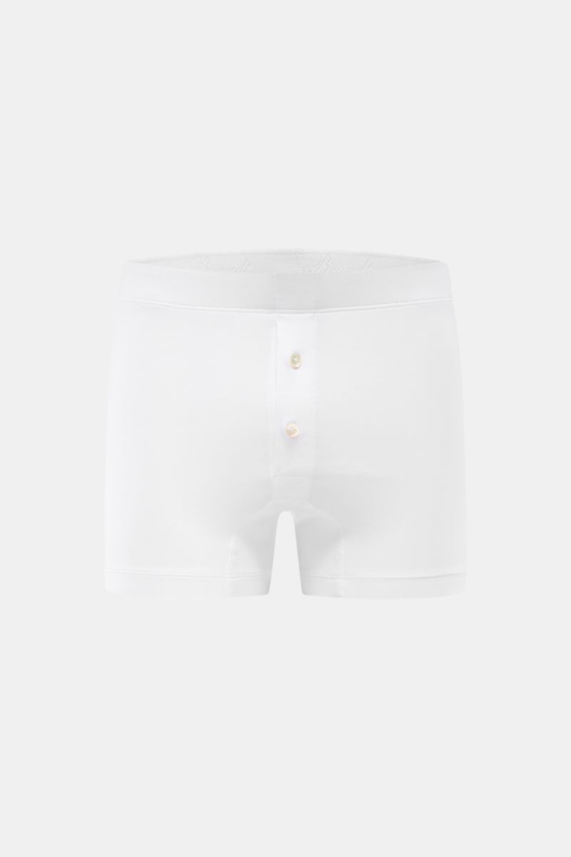 Stefan Brandt Boxershorts 'Bari' weiß, Frontansicht, Slim Fit mit elastischem Bund, weicher Baumwoll-Jersey, seitlicher Knopf-Eingriff, komfortabel.