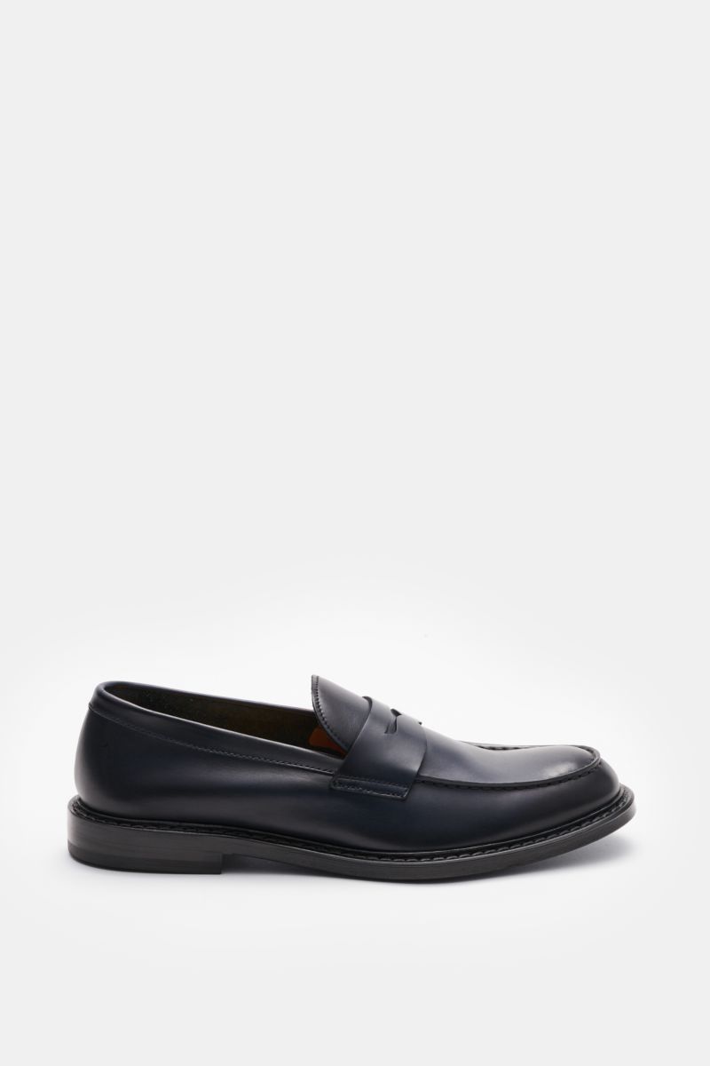 Side view of Doucal's Penny Loafer 'Nappato' dark navy in fine smooth leather with slight color gradient, narrow shape, stitched toe cap, penny strap, leather lining, welted construction, and leather sole, ideal for office wear.