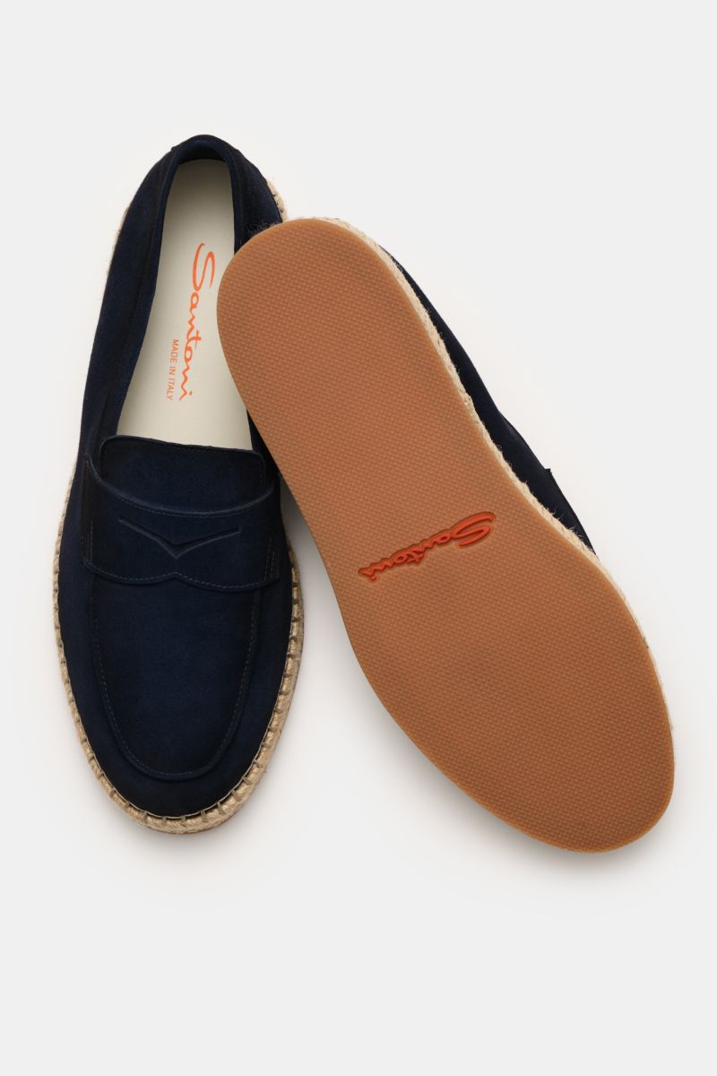 Santoni Espadrilles 'Carlo' navy aus Veloursleder mit Bast-Umrandung, Penny-Strap, Ziernaht, flexible Kautschuksohle, Seiten- und Unteransicht.
