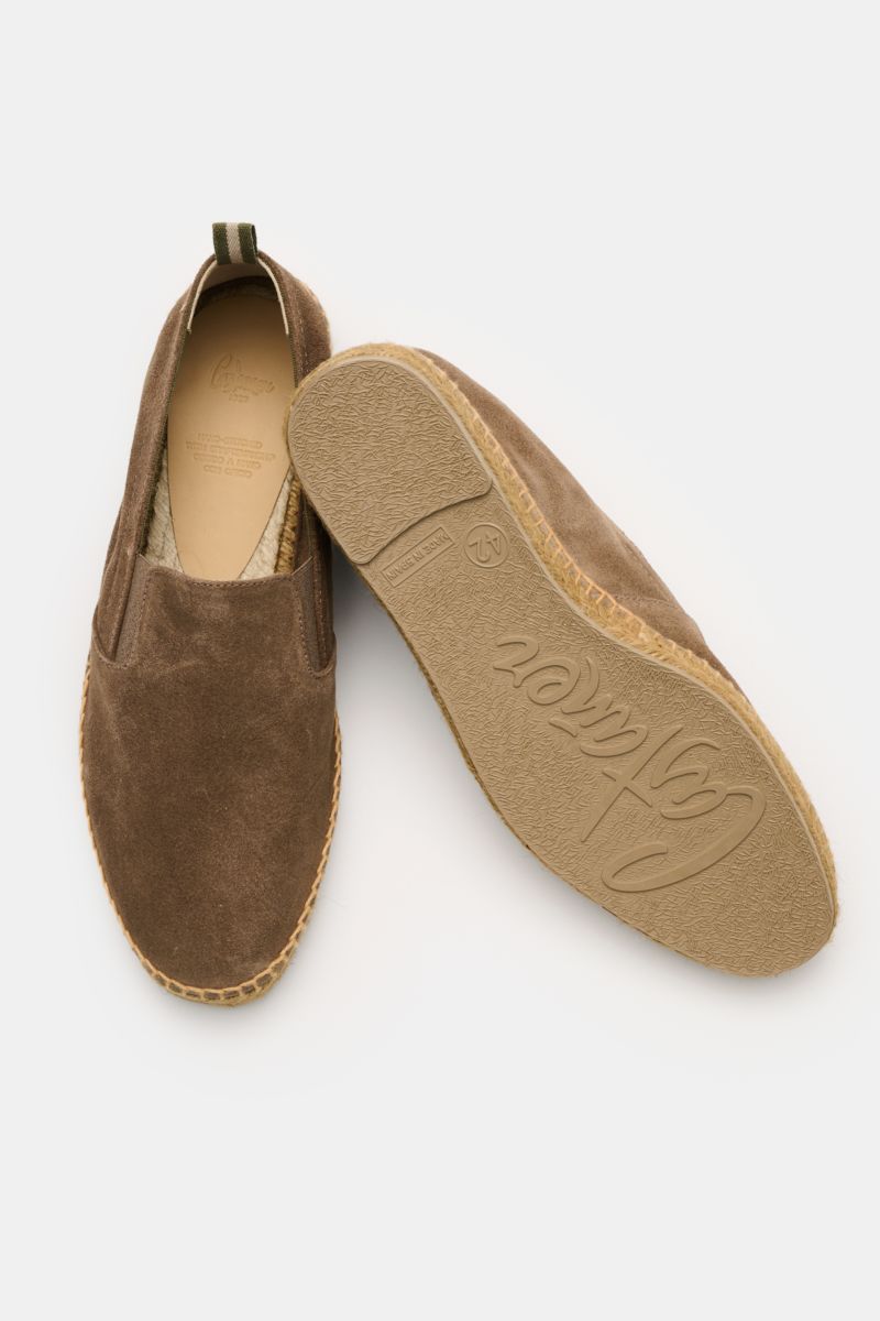 Top-down view of Castañer Espadrilles 'Joel' taupe in soft suede with jute-trimmed vulcanized rubber sole, elastic sides, and pull tab.