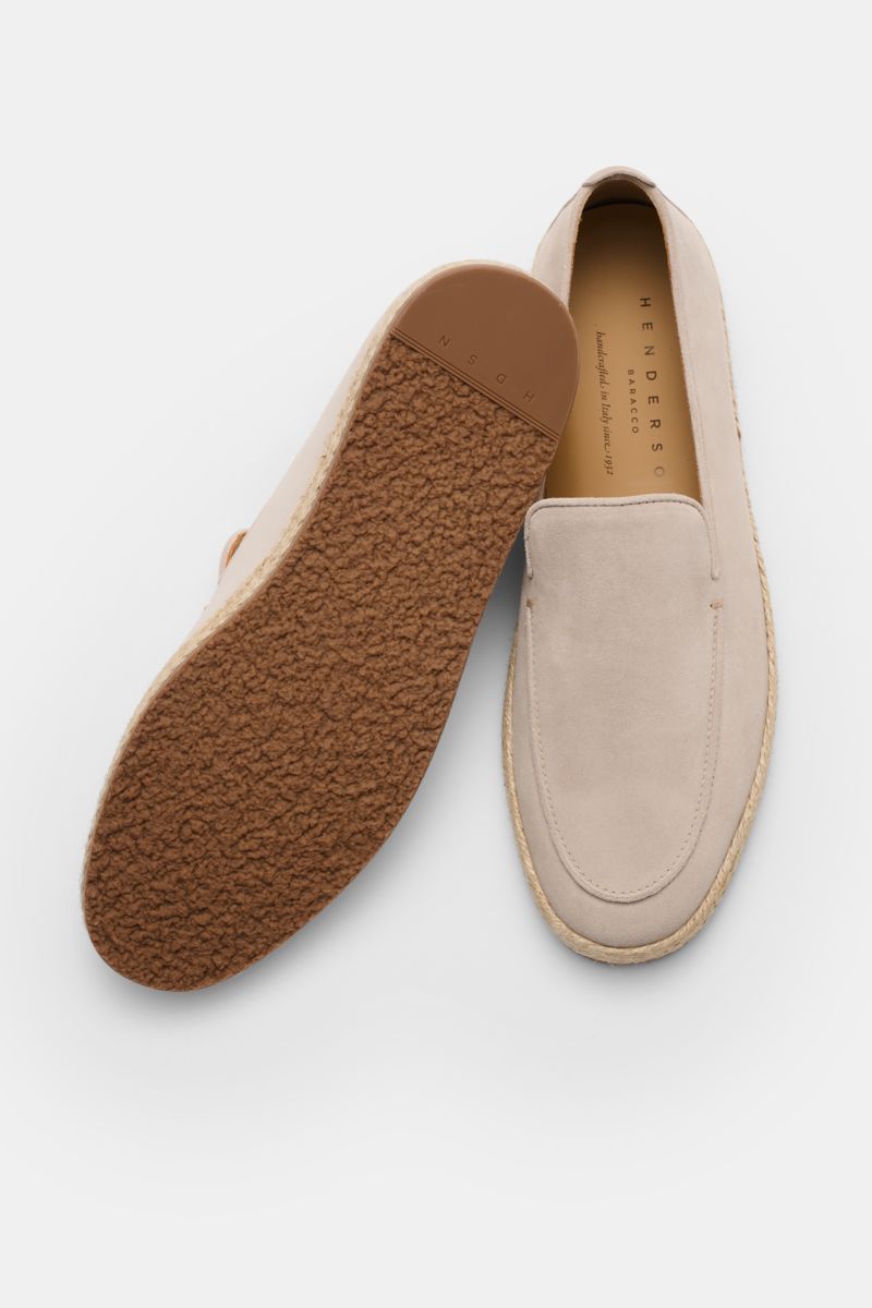 Top view of Henderson Espadrilles 'Palau' sand in soft velour leather with decorative stitching, jute trim, and flexible rubber sole.