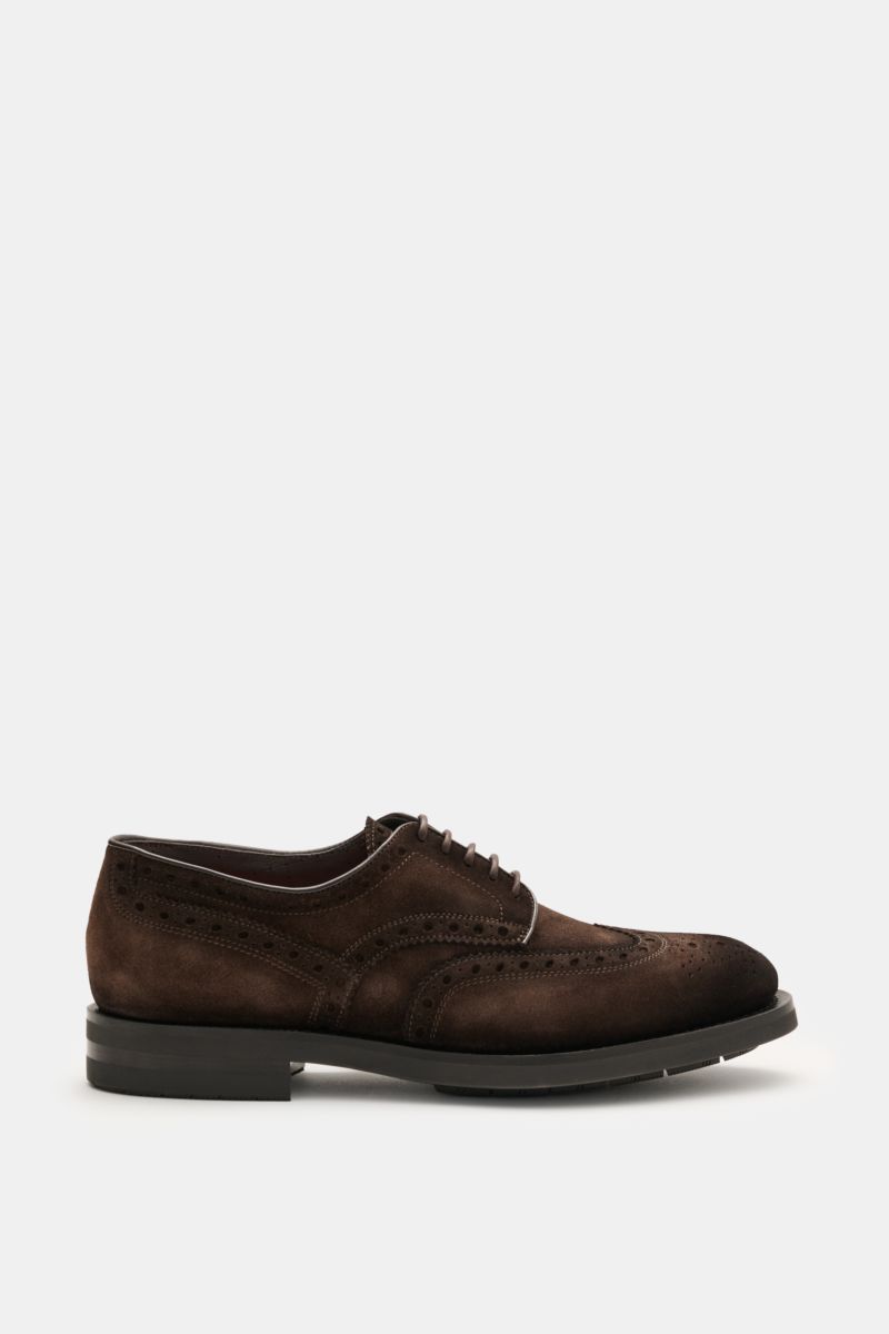Santoni Derby 'Collin' dunkelbraun aus Veloursleder, Full-Brogue, offenem Fünf-Loch-Schnürung, seitlich fotografiert, Kautschuksohle.