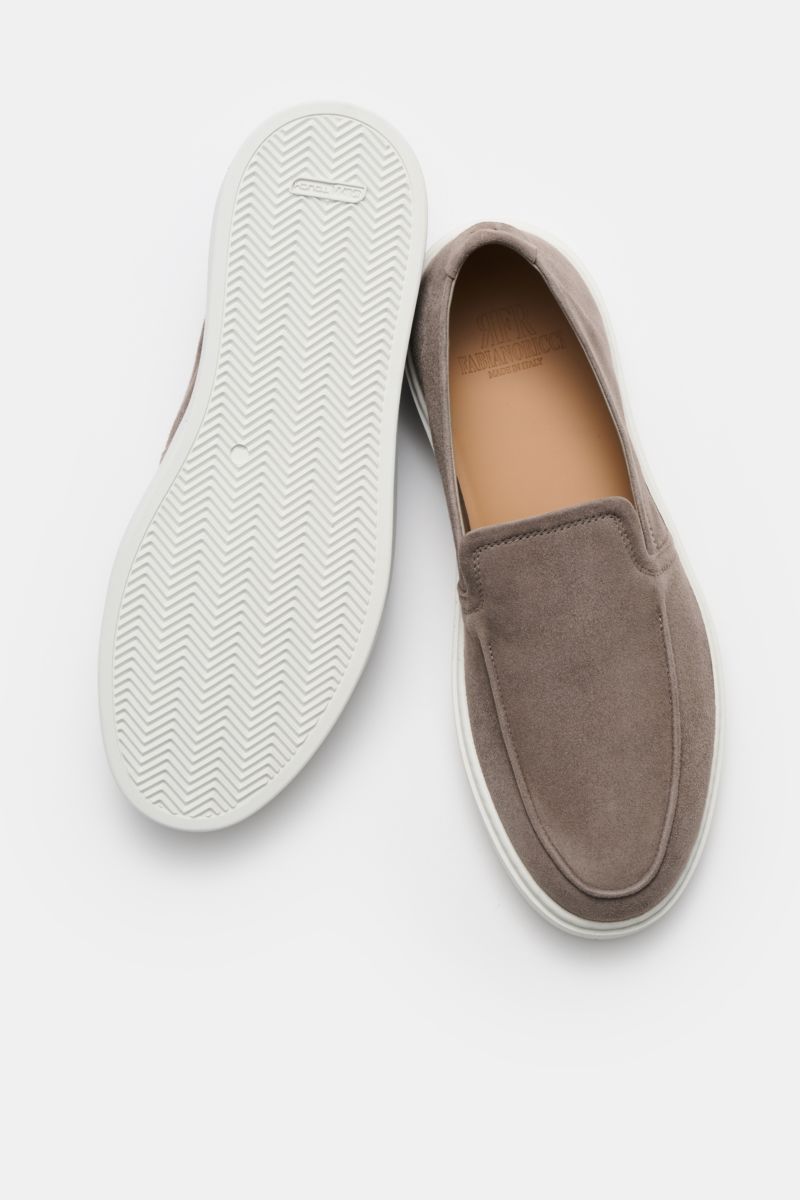 Top view of Fabiano Ricci Loafer taupe showing soft velours leather upper with fine stitching, flexible white rubber sole, and leather interior.