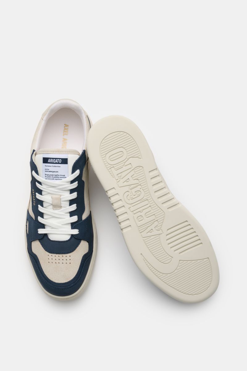 Top-down view of Axel Arigato Sneakers 'Dice Lo' beige/navy with premium smooth leather, nubuck overlays, round perforated toe, six-eyelet lacing, gold embossed label, padded topline, fabric lining, padded footbed, and flexible rubber sole showing branded