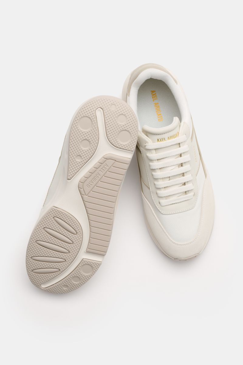 Top view of Axel Arigato Sneakers 'Genesis Neo Runner' beige/off-white showing one shoe sole and one upper with tonal overlays and gold embossed label.


