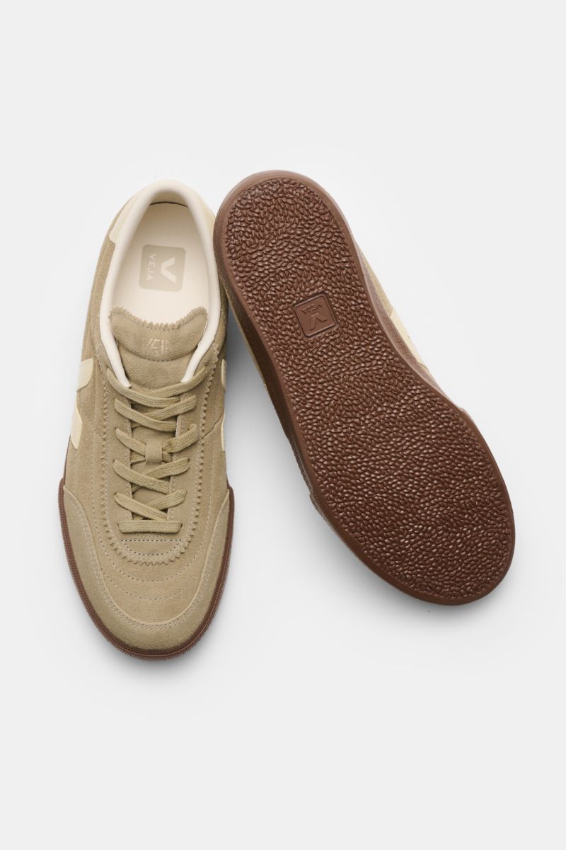 Top view of Veja Sneakers 'Panenka' taupe/cream showing left shoe from above and right shoe sole, smooth suede, leather overlays, six-eyelet lacing, signature side V-overlay, padded topline with logo, tongue with logo print, textile lining, flexible rubbe