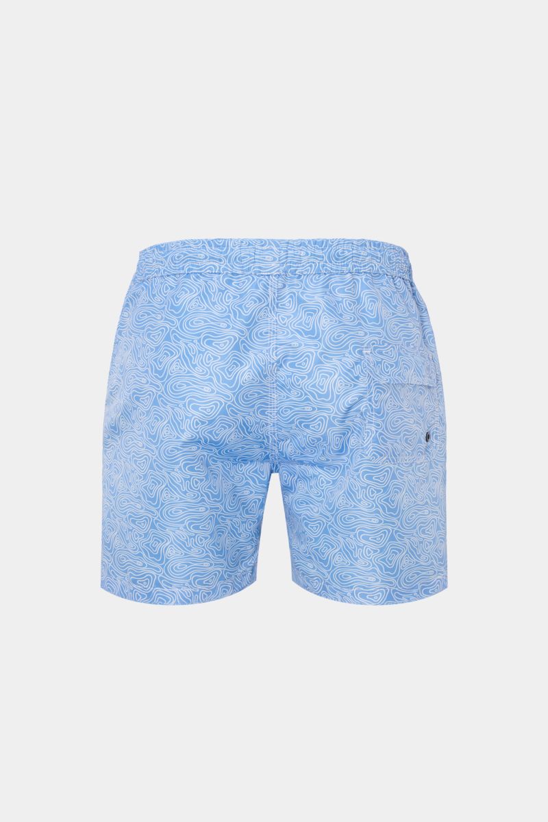 Rear view of 04651/ A trip in a bag Badeshorts 'Seamap' blau/weiß gemustert with quick-drying microfiber, elastic waistband, side and back pockets, mesh lining, and short hem slits.