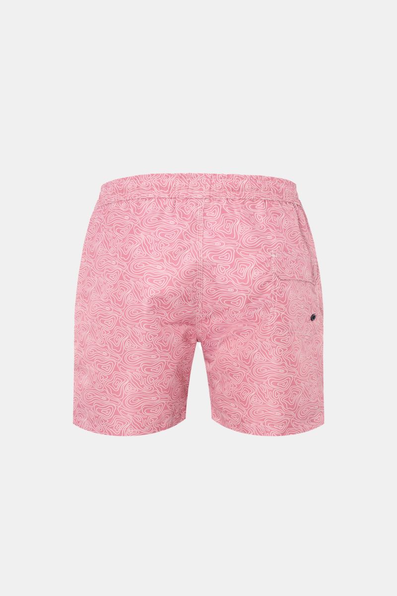 Rear view of 04651/ A trip in a bag Badeshorts 'Seamap' hellrot/weiß gemustert in quick-drying microfiber with a nautical chart pattern, elastic waistband, side pockets, back pocket with flap, mesh lining, and short side slits.