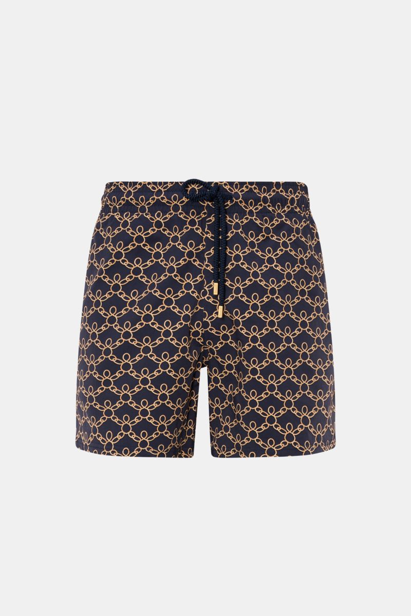 Vorne fotografierte Vilebrequin Badeshorts 'Moorise' dark navy/beige gemustert aus hochwertiger Microfaser mit elastischem Bund und Tunnelzug.