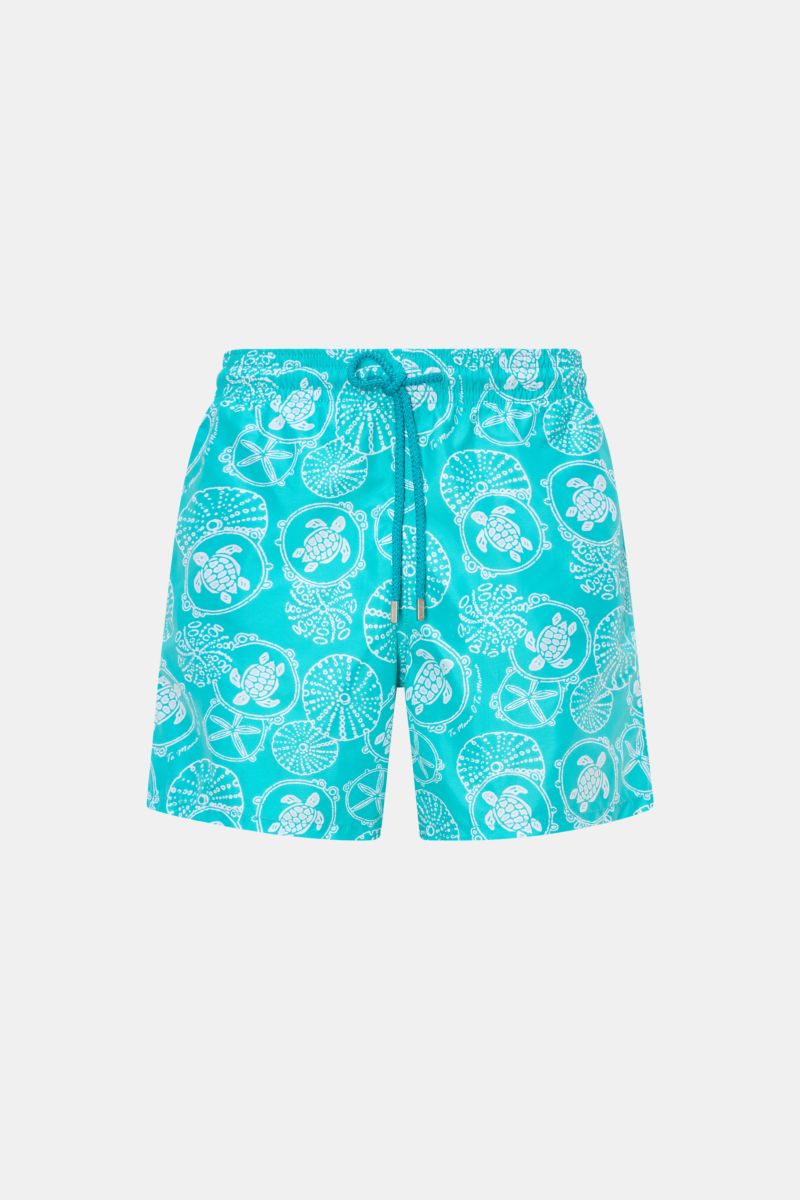 Vilebrequin Swim shorts 'Moorea' turquoise/white patterned, front view, elasticated waistband with drawstring, quick-drying microfibre.