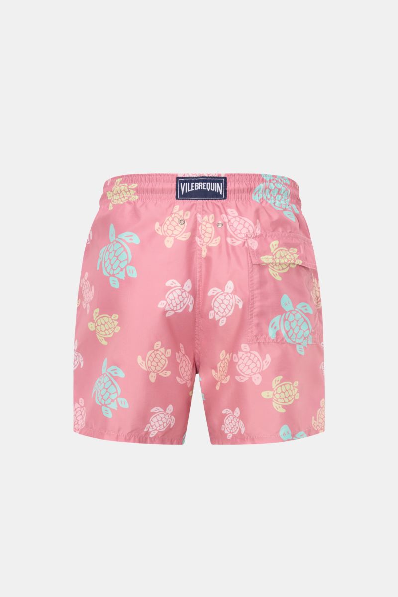Rear view of Vilebrequin Swim shorts 'Moorea' rose/mint/yellow patterned with elasticated waistband, side and back pockets, quick-drying microfibre.