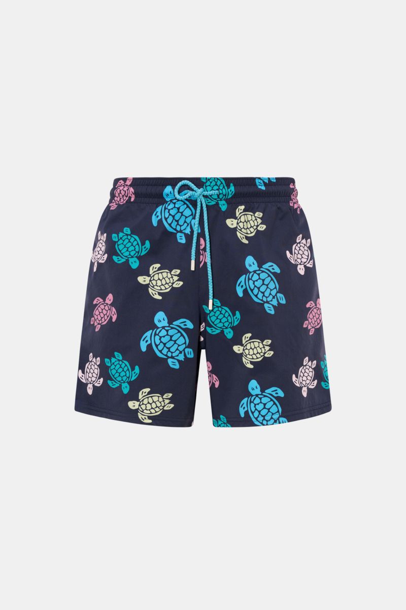 Vilebrequin Swim shorts 'Moorea' navy/blue/rose patterned, front view, quick-drying microfibre, elastic waistband, side pockets, back pocket with hook fastener, mesh lining, turtle print. The swim shorts 'Moorea' by VILEBREQUIN feature a distinctive print