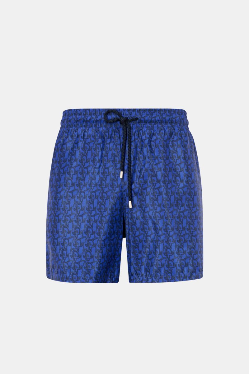 Vilebrequin Swim shorts 'Mahina' dark blue/black patterned, front view, high-quality microfibre, elasticated waistband, side and back zip pockets, mesh lining.
