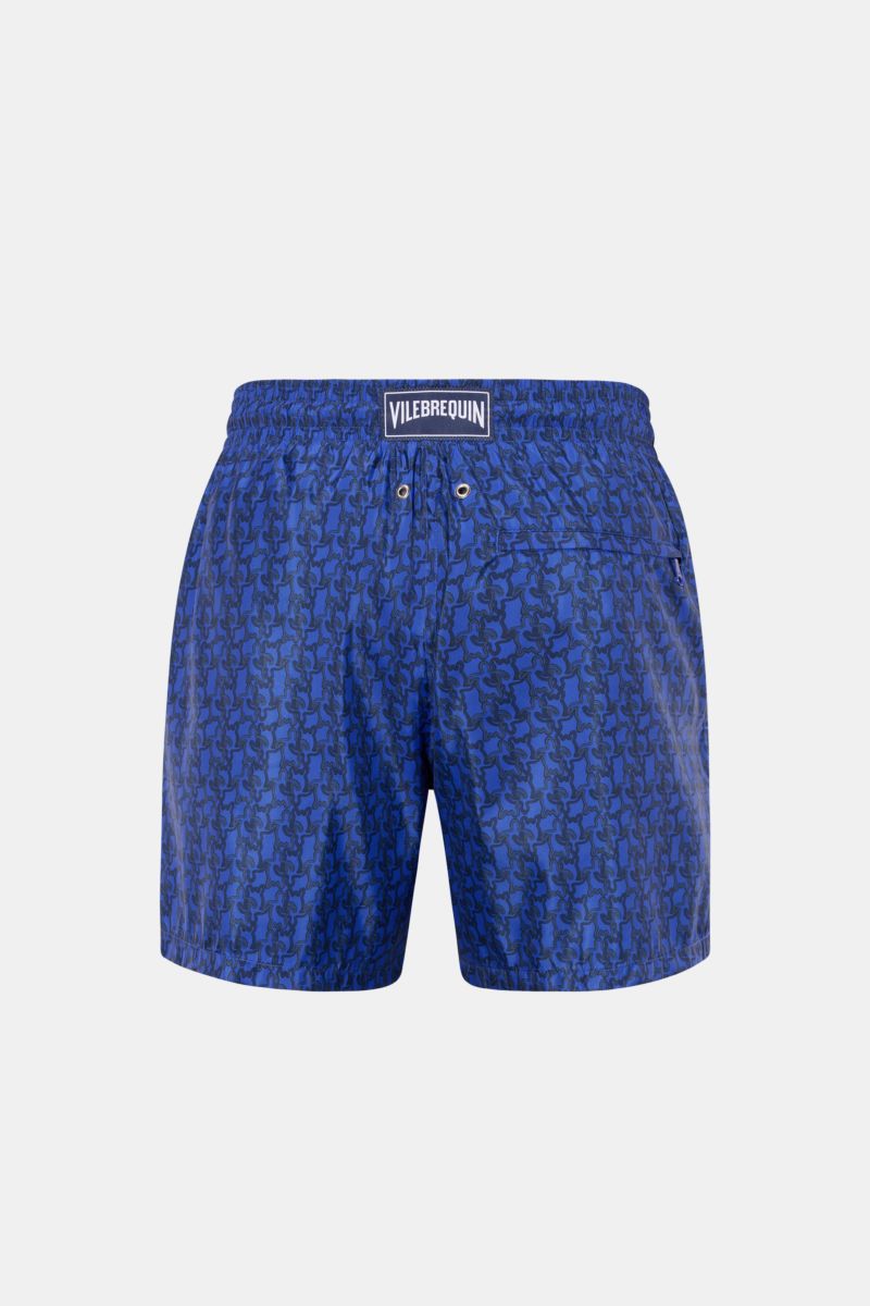 Vilebrequin Swim shorts 'Mahina' dark blue/black patterned, back view, elasticated waistband with drawstring, side and zippered back pockets, quick-drying microfibre, mesh lining, drainage eyelets, VILEBREQUIN woven label.