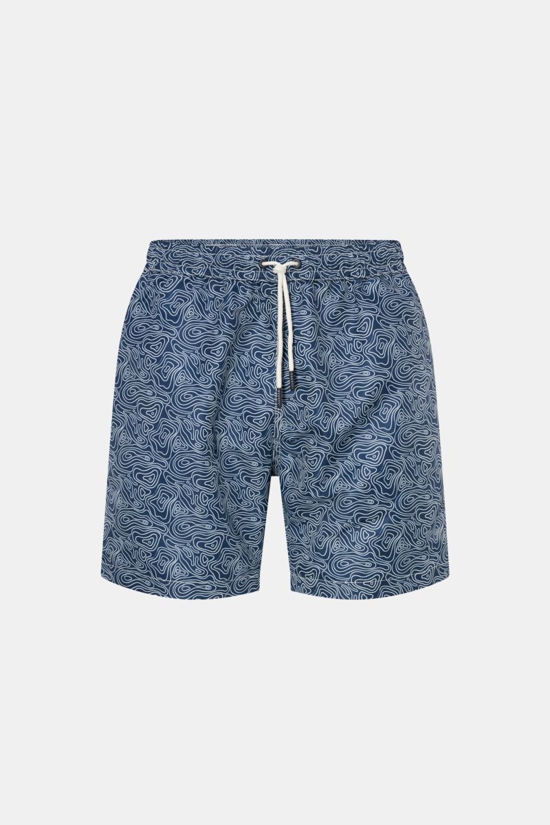 04651/ A trip in a bag Badeshorts 'Seamap' navy/weiß gemustert, frontale Ansicht, schnelltrocknende Microfaser, elastischer Bund mit Tunnelzug.