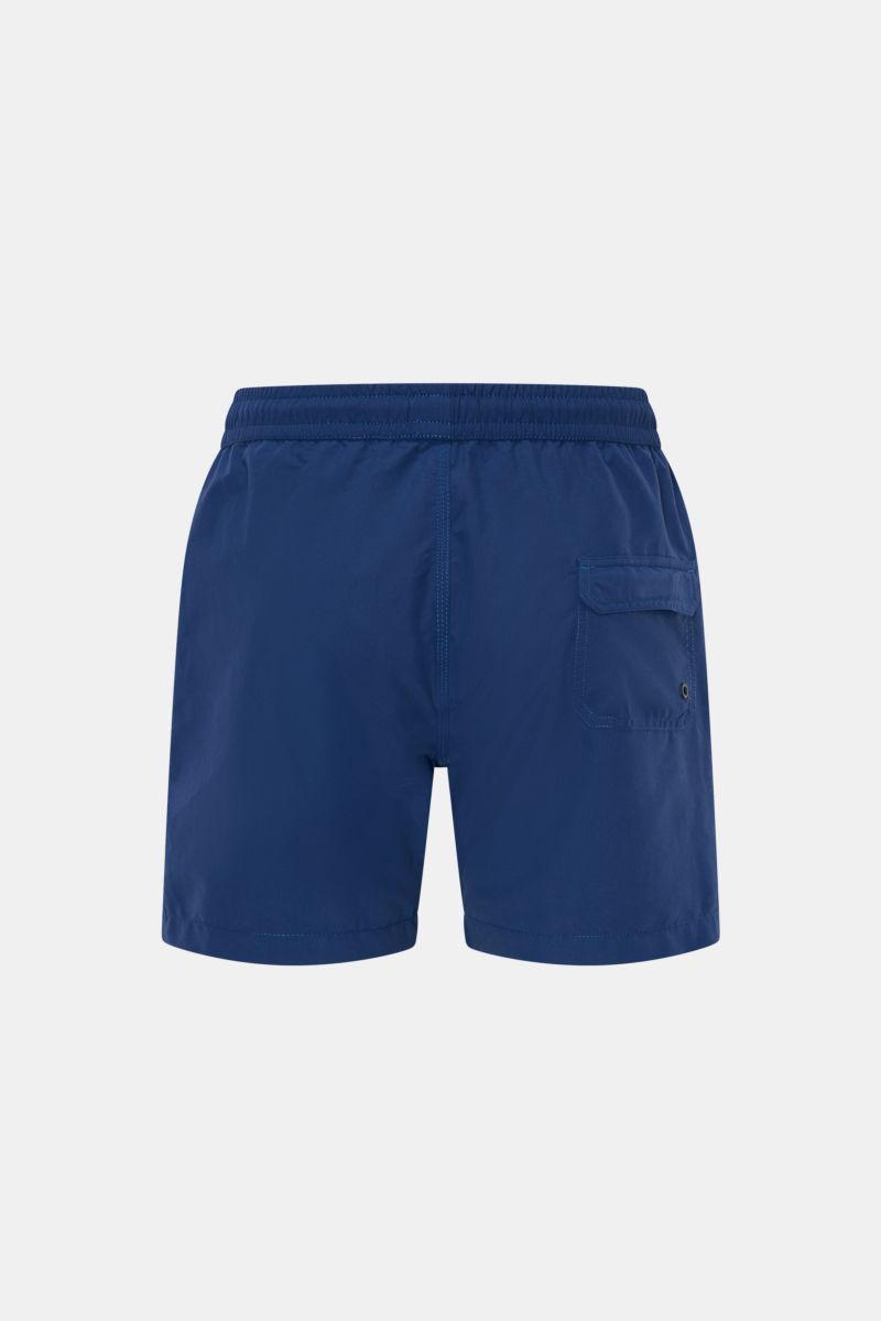 04651/ A trip in a bag Badeshorts 'Plain Swim' dunkelblau, Rückansicht, Regular Fit, schnelltrocknende Microfaser, Tunnelzug, Taschen, Klettverschluss.