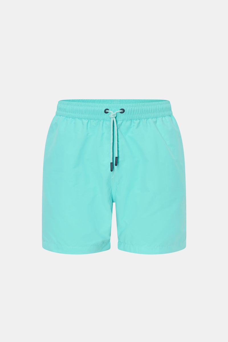 04651/ A trip in a bag Badeshorts 'Plain Swim' türkis, Frontansicht, schnelltrocknende Microfaser, Bund mit Tunnelzug, Regular Fit, Taschen seitlich und hinten mit Klettverschluss.