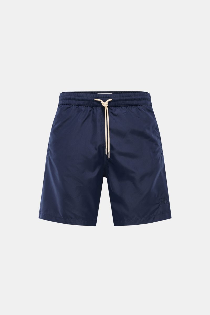 Front view of Jacob Cohen Swim shorts navy in lightweight high-quality microfibre with elastic waistband, drawstring, and side hip pockets. Lightweight in your luggage: These swim shorts from JACOB COHEN, made from lightweight, high-quality microfibre, fe