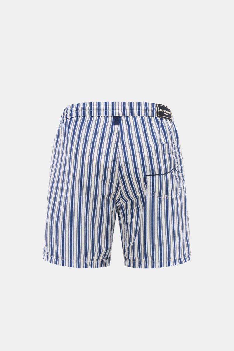 Rear view of Jacob Cohen Swim shorts navy/white striped featuring elasticated waistband, patch back pocket, and classic stripes.

Description: 
Perfect for sunny days: These swim shorts by JACOB COHEN combine flowing material with a classic striped des