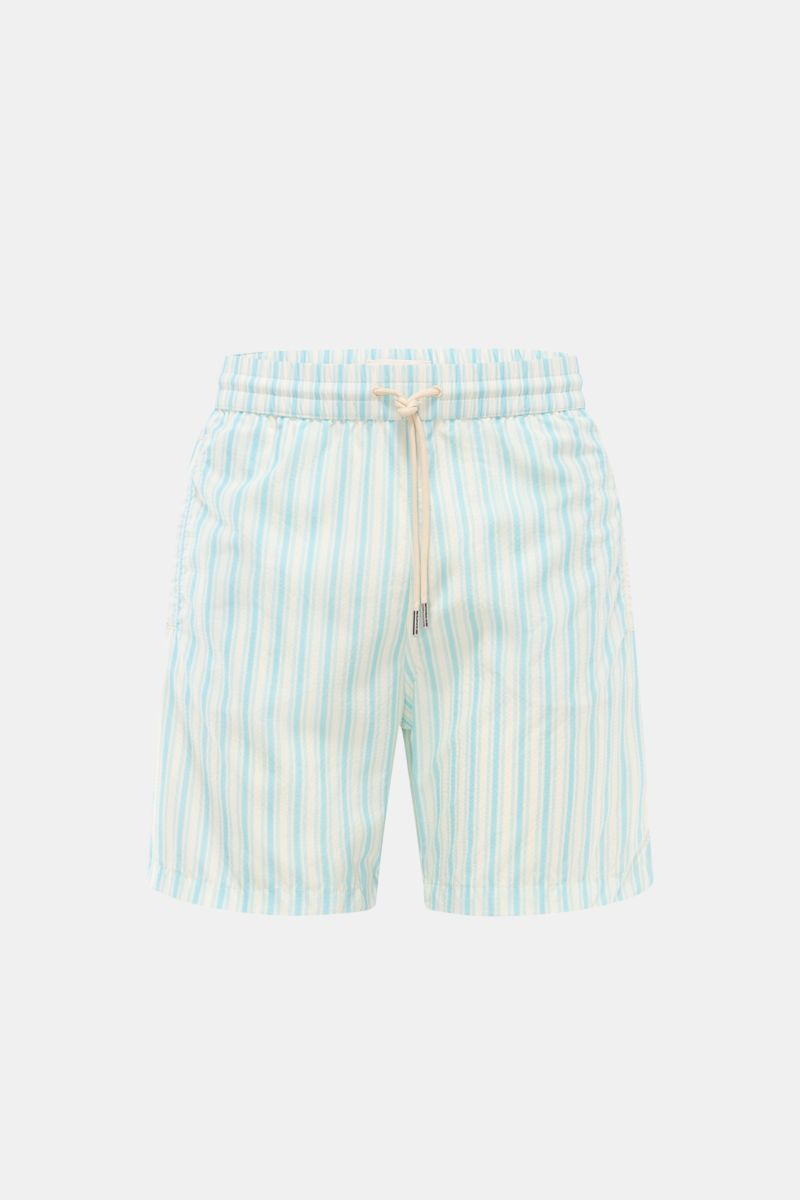 Front view of Jacob Cohen Swim shorts light blue/white striped, featuring elasticated waistband with drawstring, classic striped pattern, and jetted front pockets.

Description:
Perfect for sunny days: These swim shorts by JACOB COHEN combine flowing m