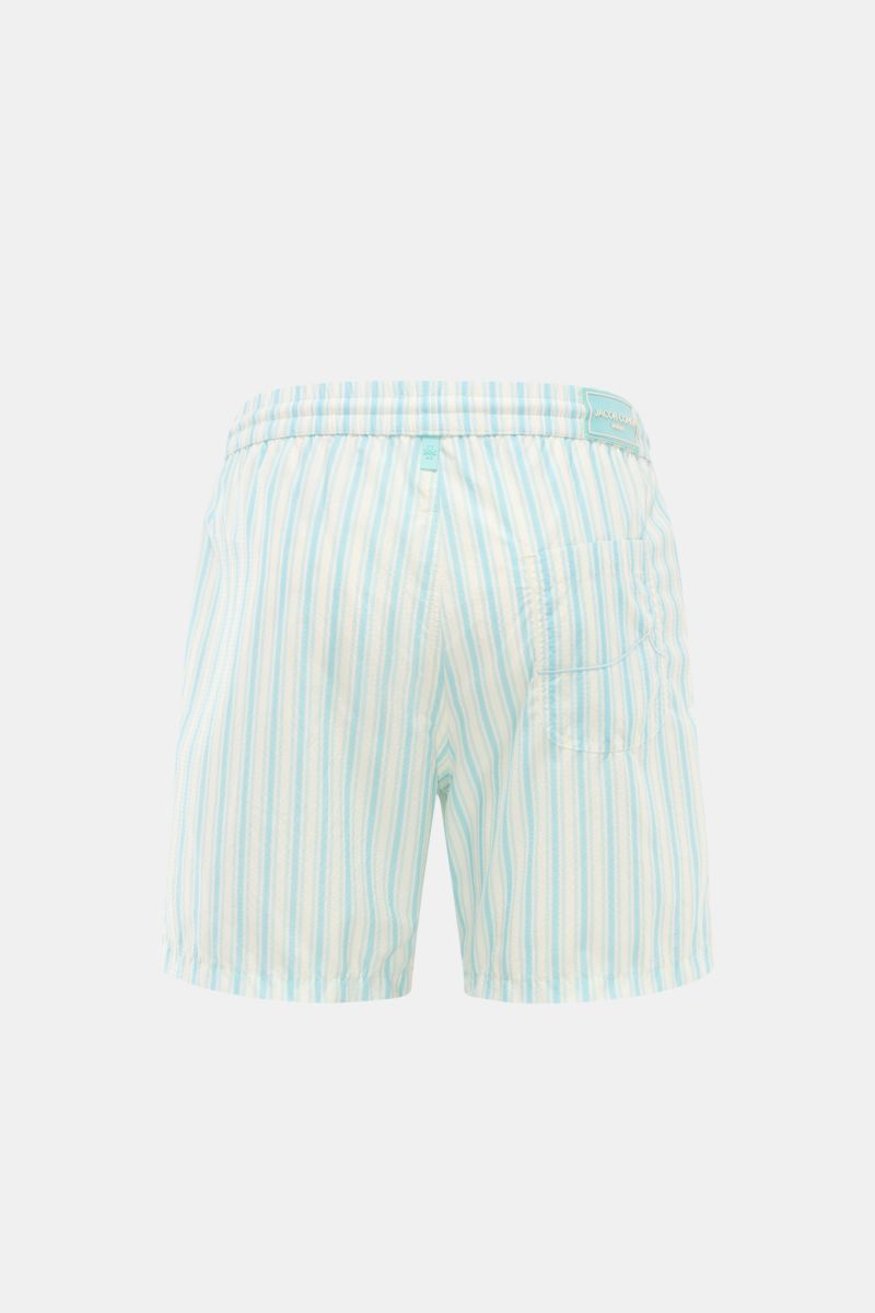 Rear view of Jacob Cohen Swim shorts light blue/white striped with elasticated waistband, patch back pocket, and classic striped pattern.

Description:  
Perfect for sunny days: These swim shorts by JACOB COHEN combine flowing material with a classic s