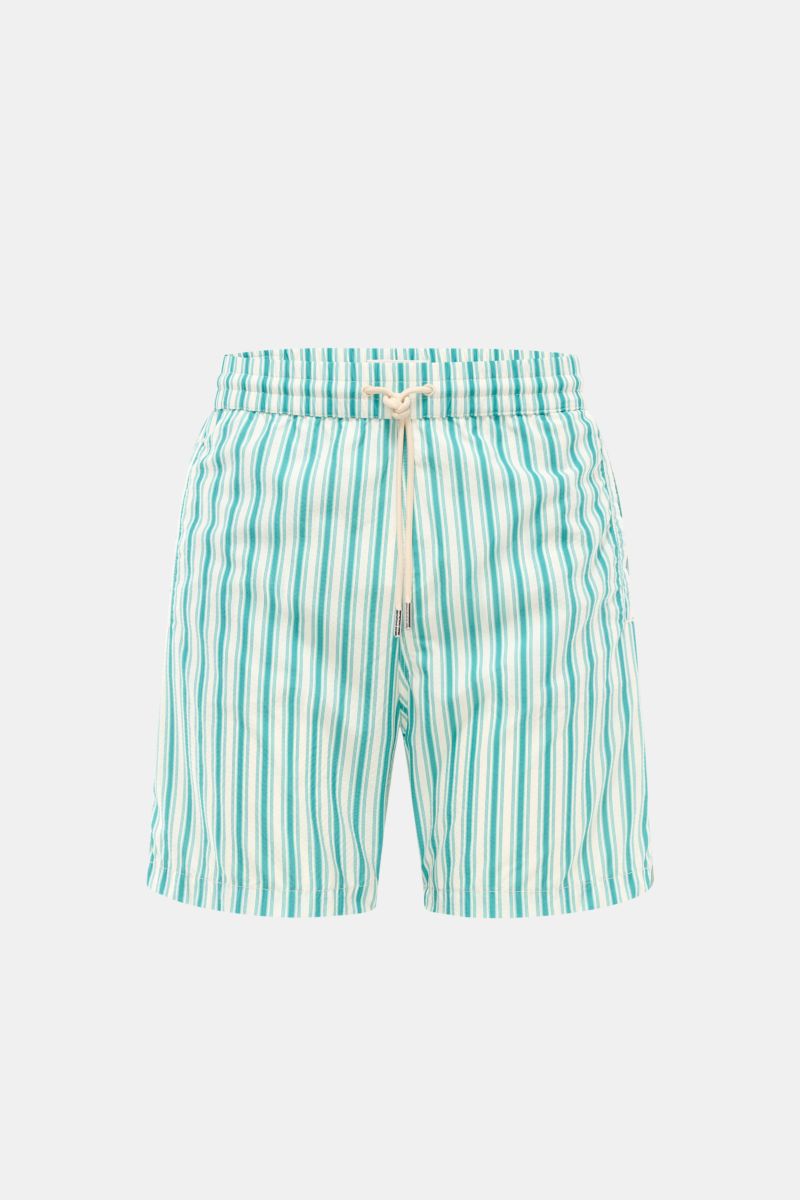 Front view of Jacob Cohen Swim shorts turquoise/white striped with elasticated waistband, drawstring, and classic striped design.

Perfect for sunny days: These swim shorts by JACOB COHEN combine flowing material with a classic striped design.
