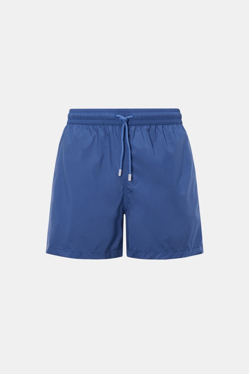 Front view of Fedeli Swim shorts 'Madeira Airstop' dark blue with elastic waistband, drawstring, quick-drying microfiber, side pockets, back pocket, and whale-shaped carabiner.