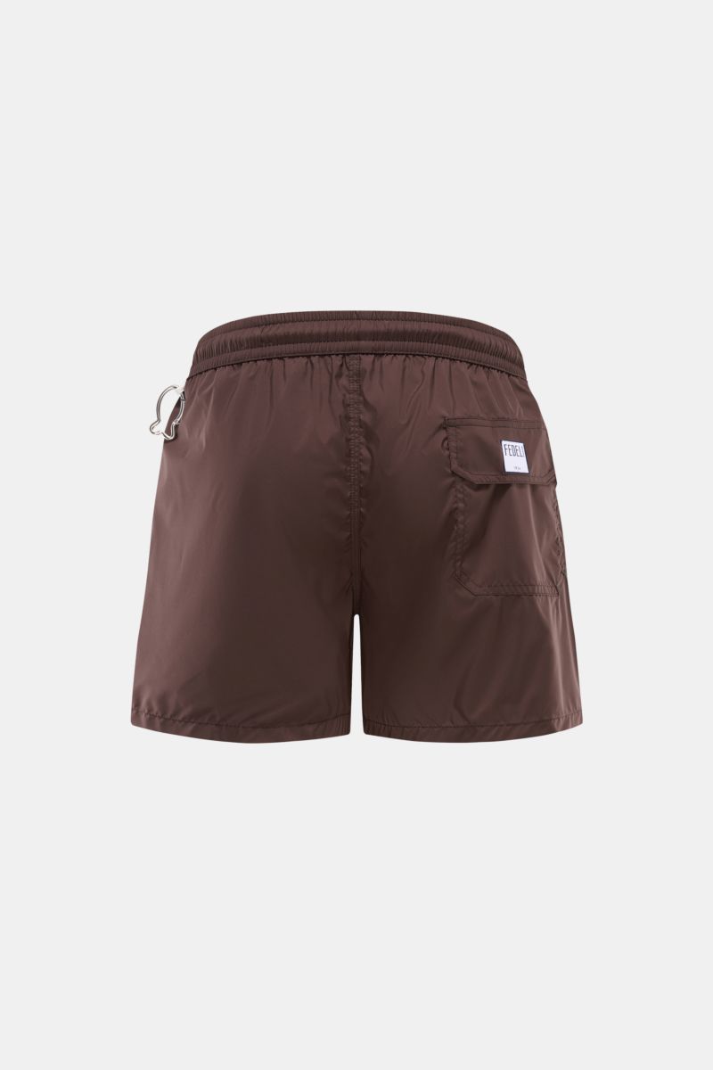 Fedeli Badeshorts 'Madeira Airstop' dunkelbraun, Rückansicht mit elastischem Bund, Gesäßtasche, Klettverschluss, Karabinerhaken, schnelltrocknend, Regular Fit