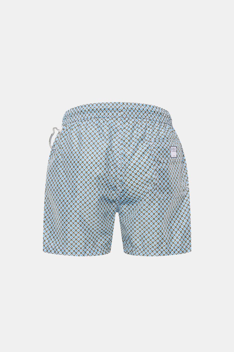 Fedeli Badeshorts 'Madeira Airstop' oliv/blau gemustert, Rückansicht, Regular Fit, recycelte Microfaser, elastischer Bund, Karabinerhaken.