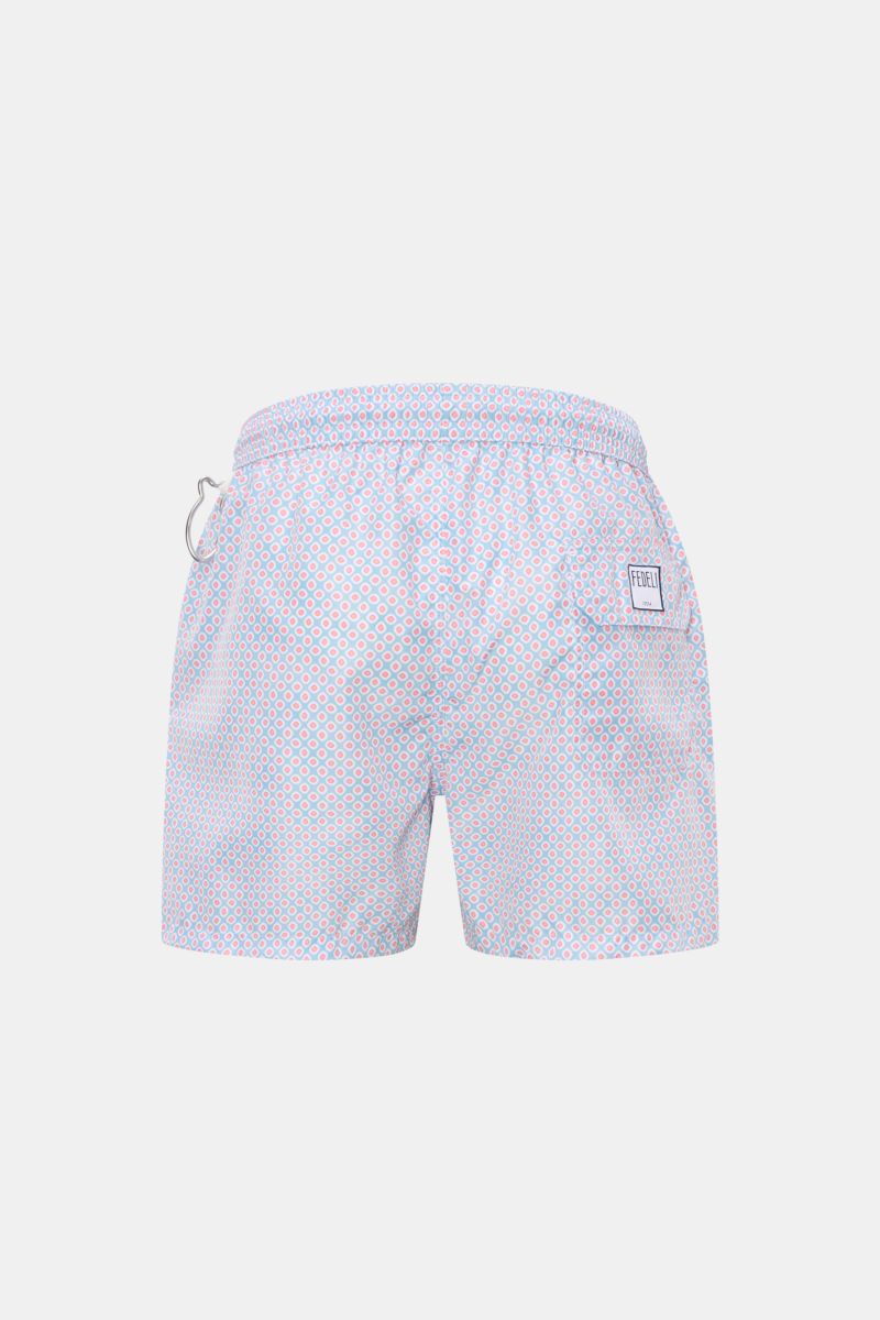 Rückansicht der Fedeli Badeshorts 'Madeira Airstop' hellblau/koralle gemustert aus recycelter Microfaser mit elastischem Bund, Taschen und Karabinerhaken.