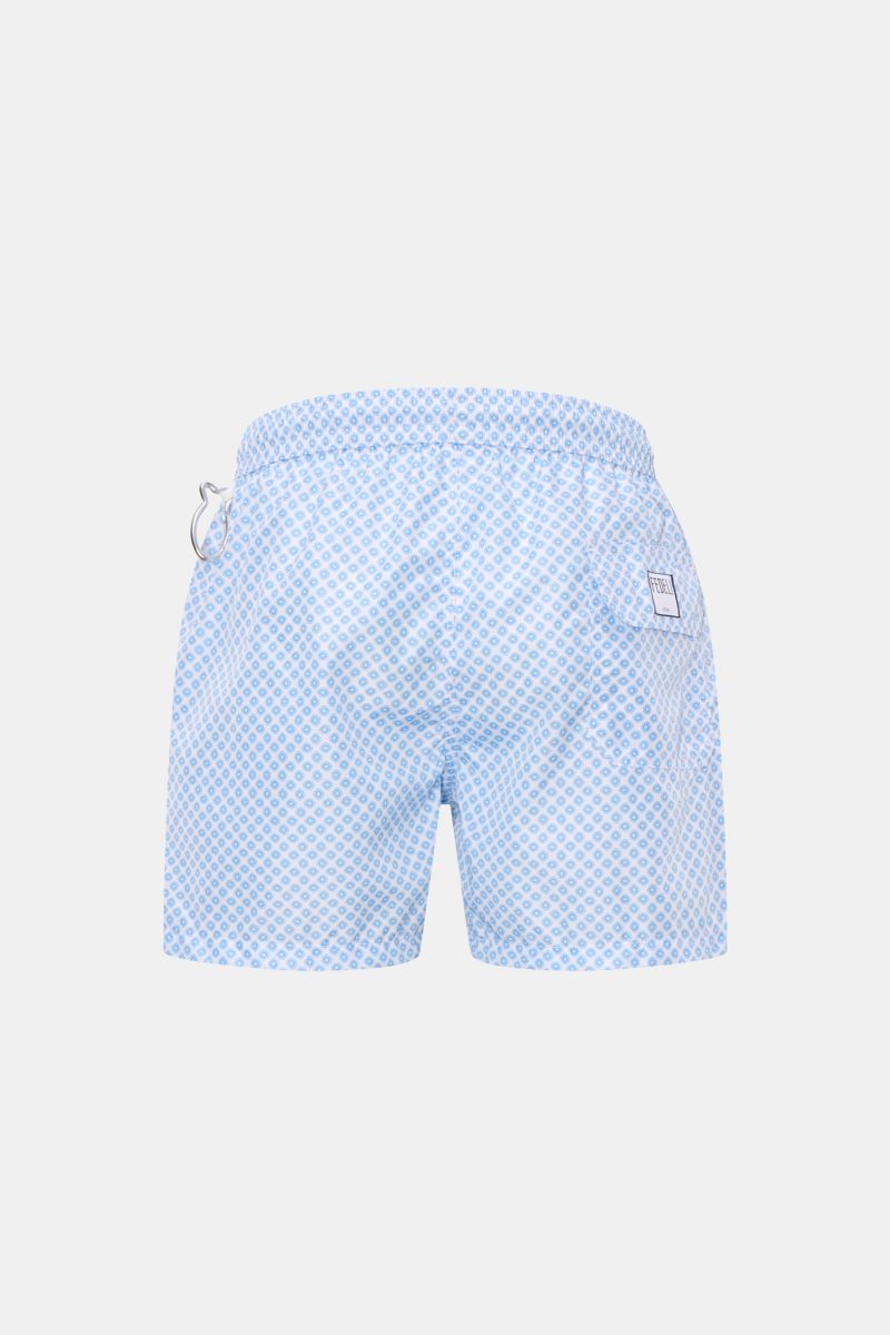 Fedeli Badeshorts 'Madeira Airstop' hellblau/weiß gemustert, Rückansicht, leicht, schnelltrocknend, Regular Fit, elastischer Bund, Taschen.