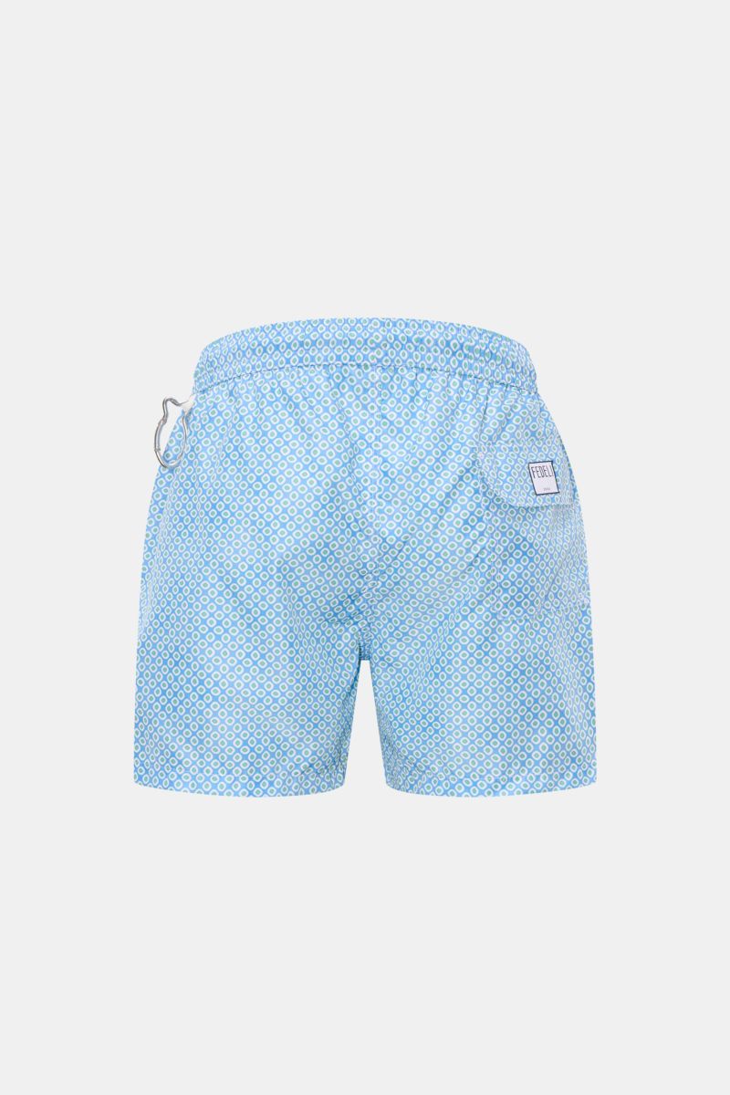 Fedeli Badeshorts 'Madeira Airstop' blau/hellgrün gemustert, Rückansicht, Regular Fit, elastischer Bund, recycelte Microfaser, schnelltrocknend.