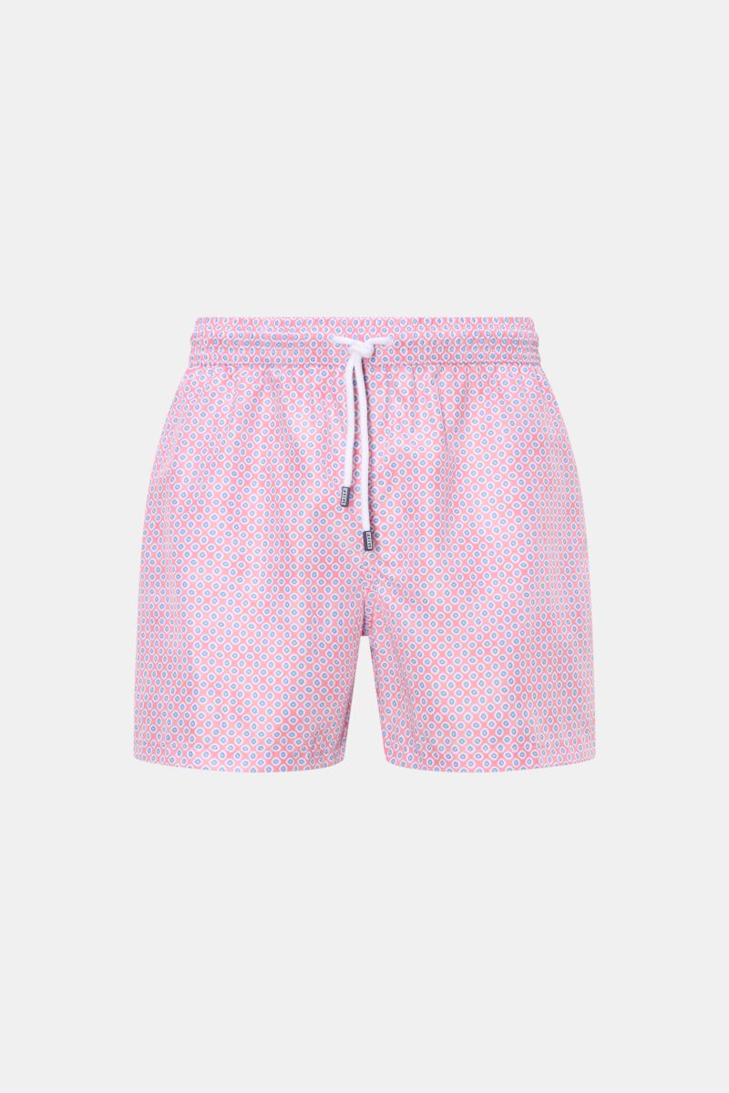 Fedeli Badeshorts 'Madeira Airstop' koralle/blau gemustert, Regular Fit, elastischer Bund mit Tunnelzug, schnelltrocknend, Frontansicht.