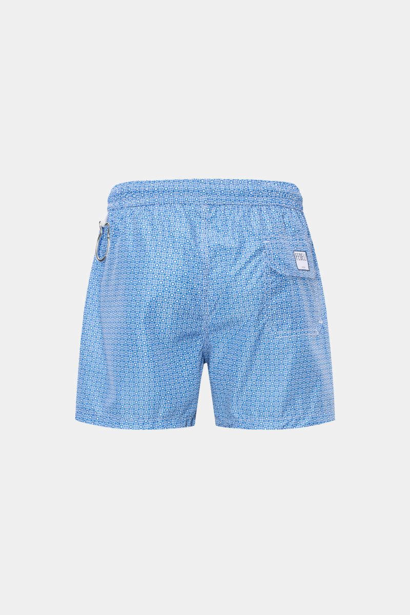 Fedeli Badeshorts 'Madeira Airstop' blau/weiß gemustert, Rückansicht, Regular Fit, elastischer Bund, florales Muster, recycelte Microfaser, schnelltrocknend.