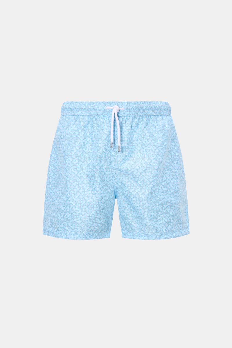 Fedeli Badeshorts 'Madeira Airstop' hellblau/weiß gemustert, florales Muster, Regular Fit, elastischer Bund, seitliche Saumschlitze, Karabinerhaken, Frontansicht