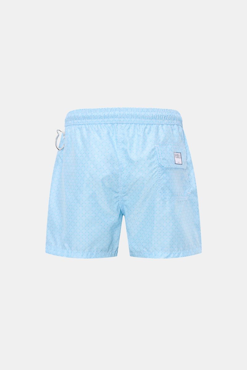 Fedeli Badeshorts 'Madeira Airstop' hellblau/weiß gemustert, Rückansicht, recycelte Microfaser, elastischer Bund, florales Muster, Regular Fit, Taschen.