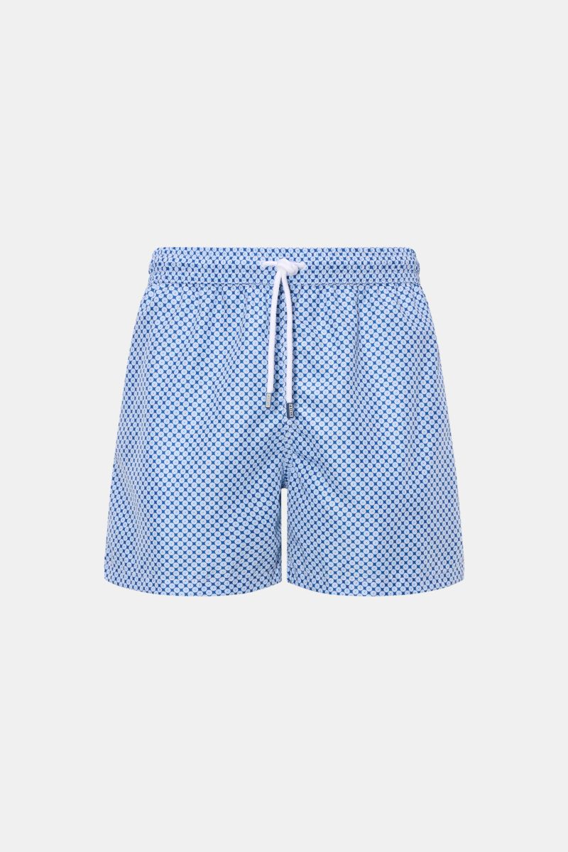 Fedeli Badeshorts 'Madeira Airstop' dunkelblau/weiß/blau gemustert, Frontansicht, Regular Fit, elastischer Bund mit Tunnelzug, recycelte Microfaser, schnelltrocknend, Mesh-Innenfutter.