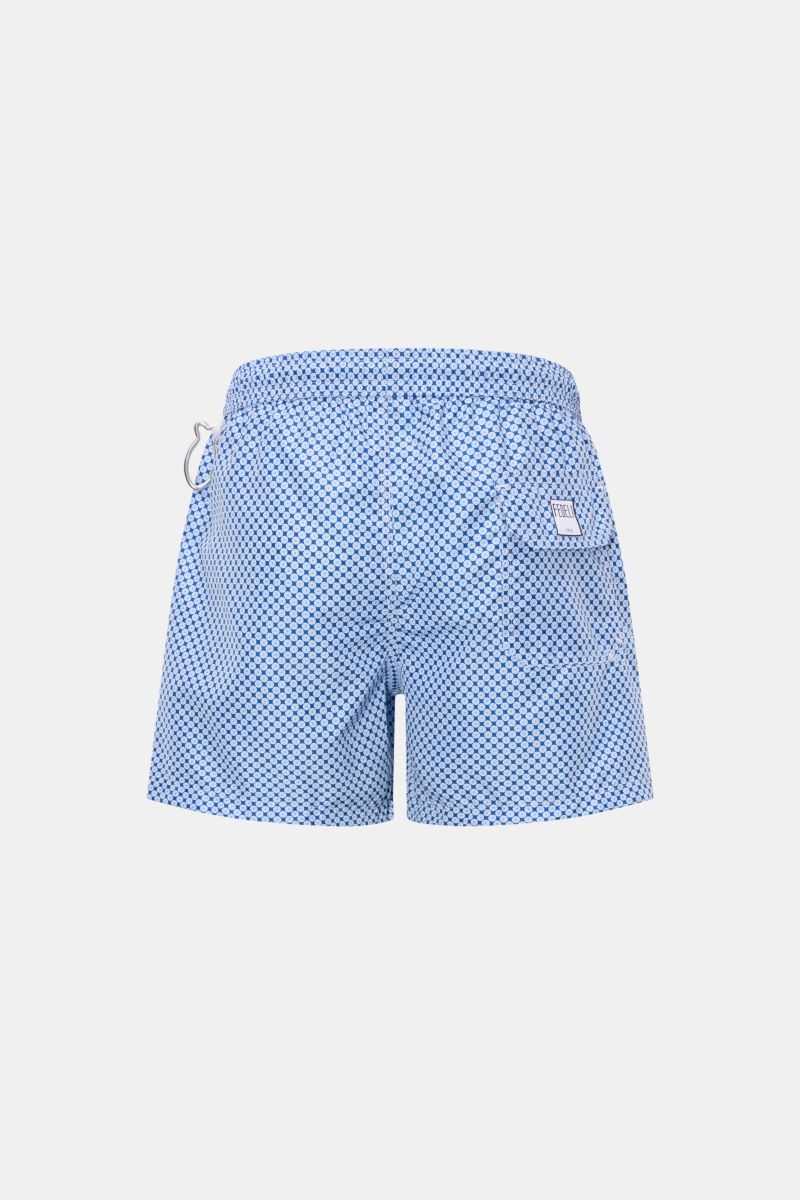 Fedeli Badeshorts 'Madeira Airstop' dunkelblau/weiß/blau gemustert, Rückansicht, Regular Fit, recycelte Microfaser, elastischer Bund, Taschen, Karabinerhaken.