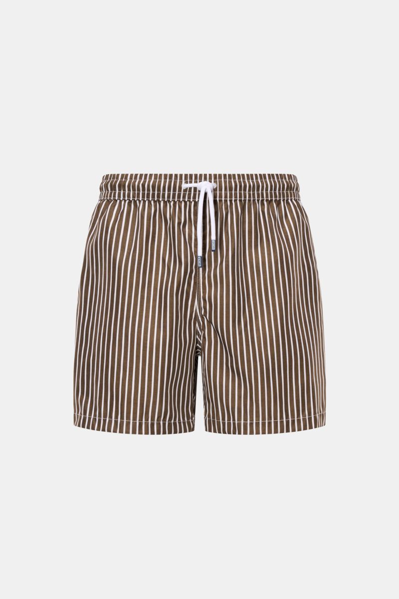 Front view of Fedeli Swim shorts 'Madeira Airstop' dark brown/white striped, quick-drying, elastic waistband with drawstring, side and back pockets, whale-shaped carabiner, short hem vents, mesh lining. 

The quick-drying swim shorts 'Madeira Airstop' 