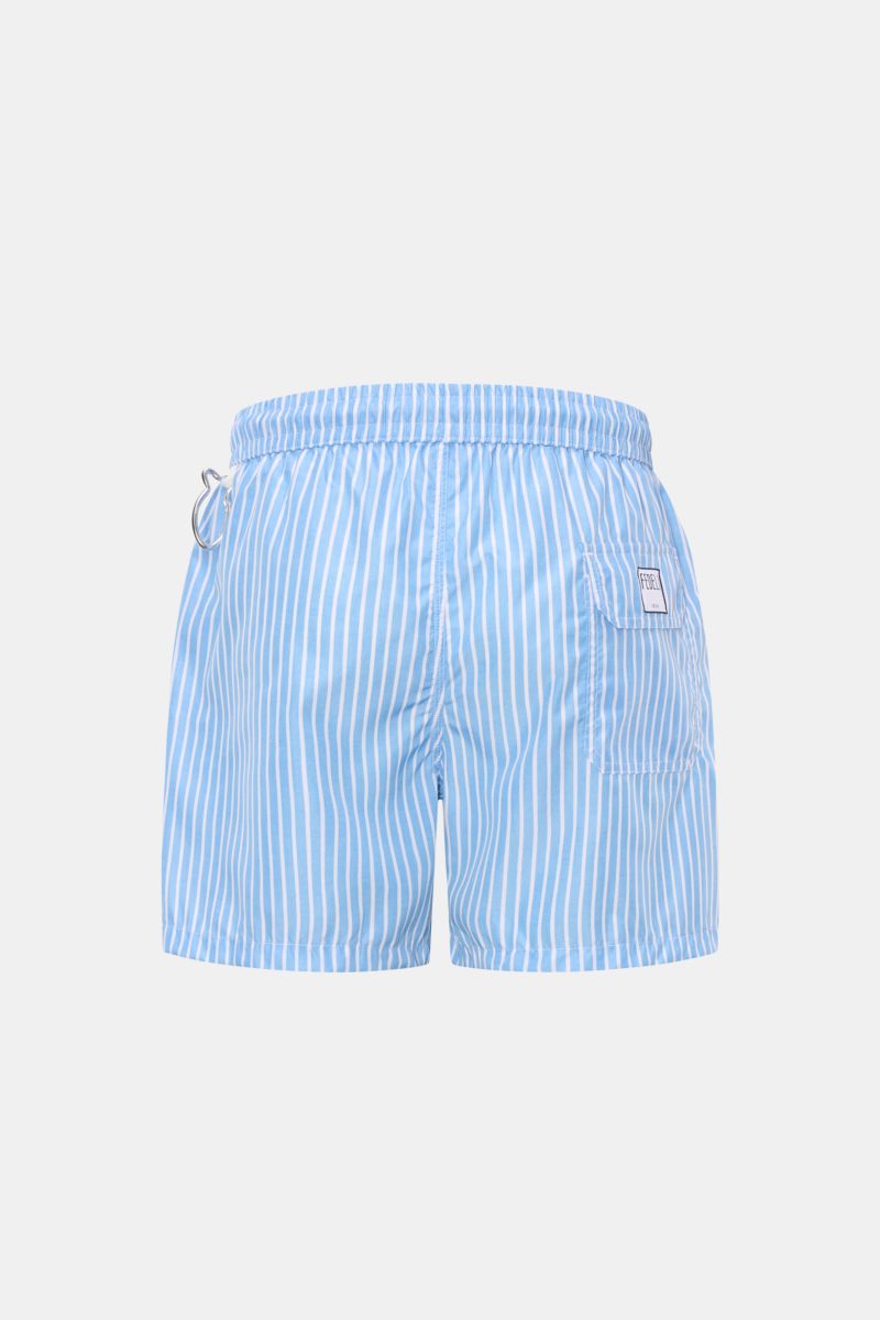 Rear view of Fedeli Swim shorts 'Madeira Airstop' light blue/white striped with elasticated waistband, side carabiner, back pocket, and short hem vents.

The quick-drying swim shorts 'Madeira Airstop' by FEDELI are a timeless and sustainable model for 