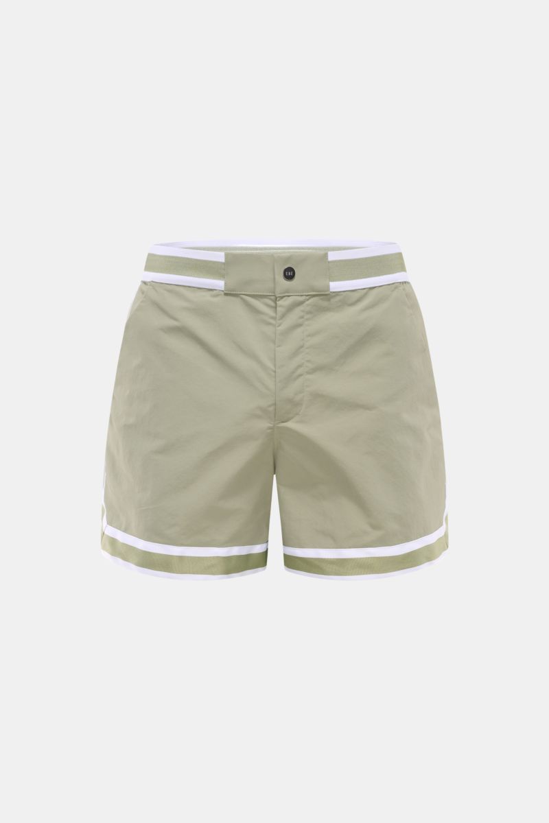 Ché Badeshorts 'Baller' salbei, frontale Nahaufnahme, kurze Microfaser-Badeshorts mit elastischem Bund, Reißverschluss, Mesh-Innenfutter, Regular Fit, retro Design.