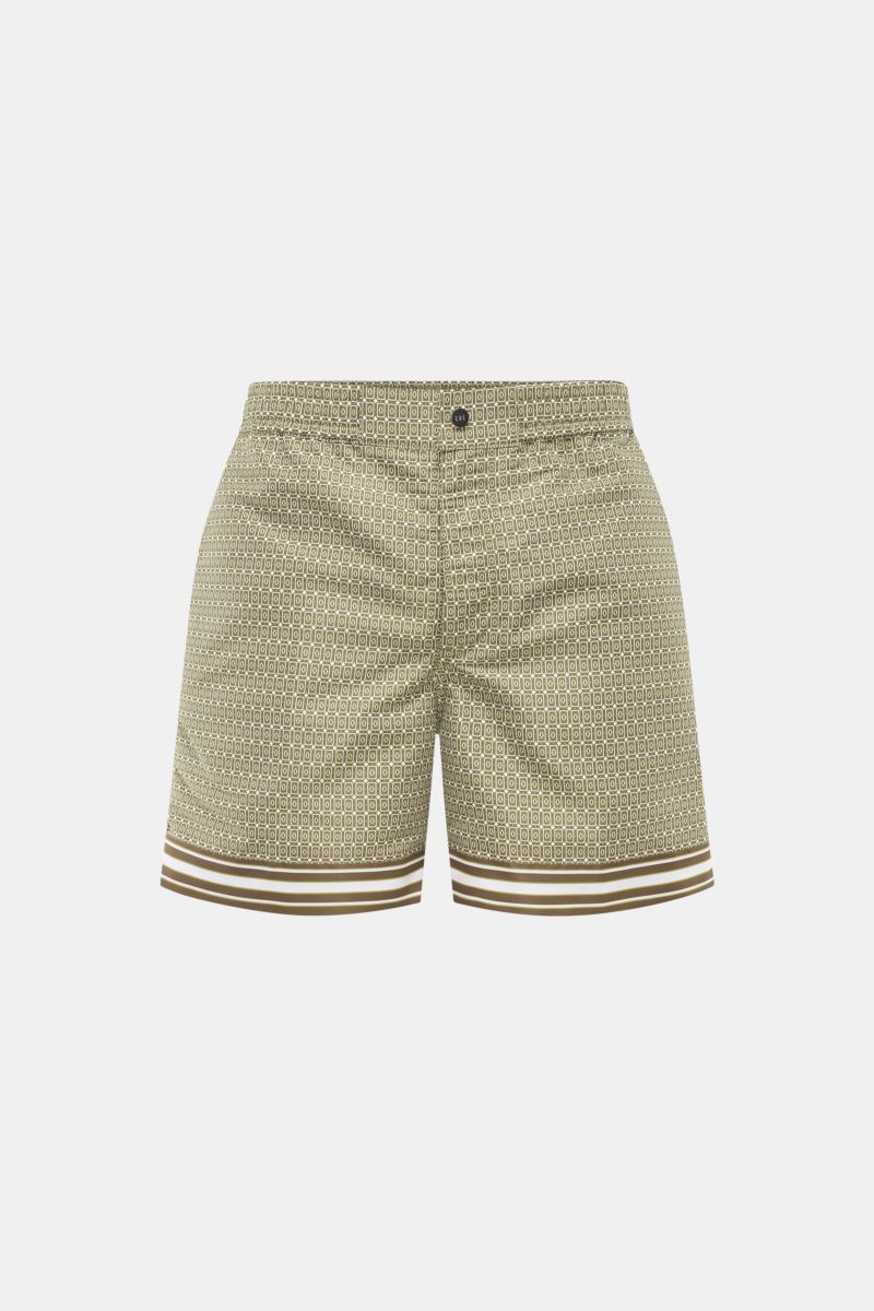 Ché Badeshorts 'Lucena' grün/braun gemustert, ornamentaler Print, Regular Fit, elastischer Bund, Frontansicht, Microfaser, Mesh-Innenfutter.