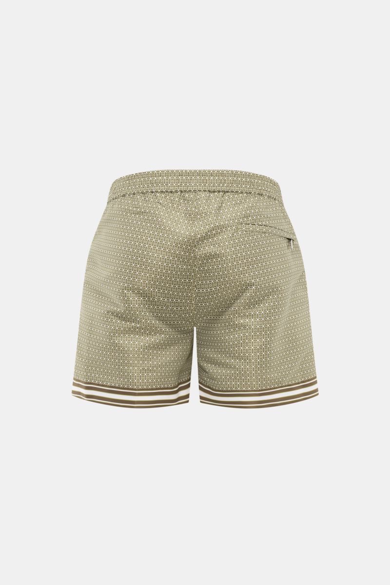 Ché Badeshorts 'Lucena' grün/braun gemustert mit ornamentalem Print, Reißverschluss, elastischem Bund, Rückansicht.