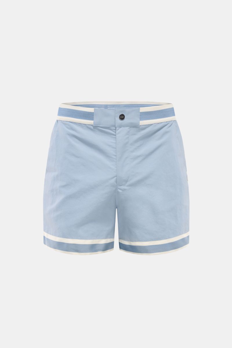 Ché Badeshorts 'Baller' rauchblau, Frontansicht, kurze retro Badeshorts mit elastischem Bund, Reißverschluss, französischen Taschen, Mesh-Innenfutter.