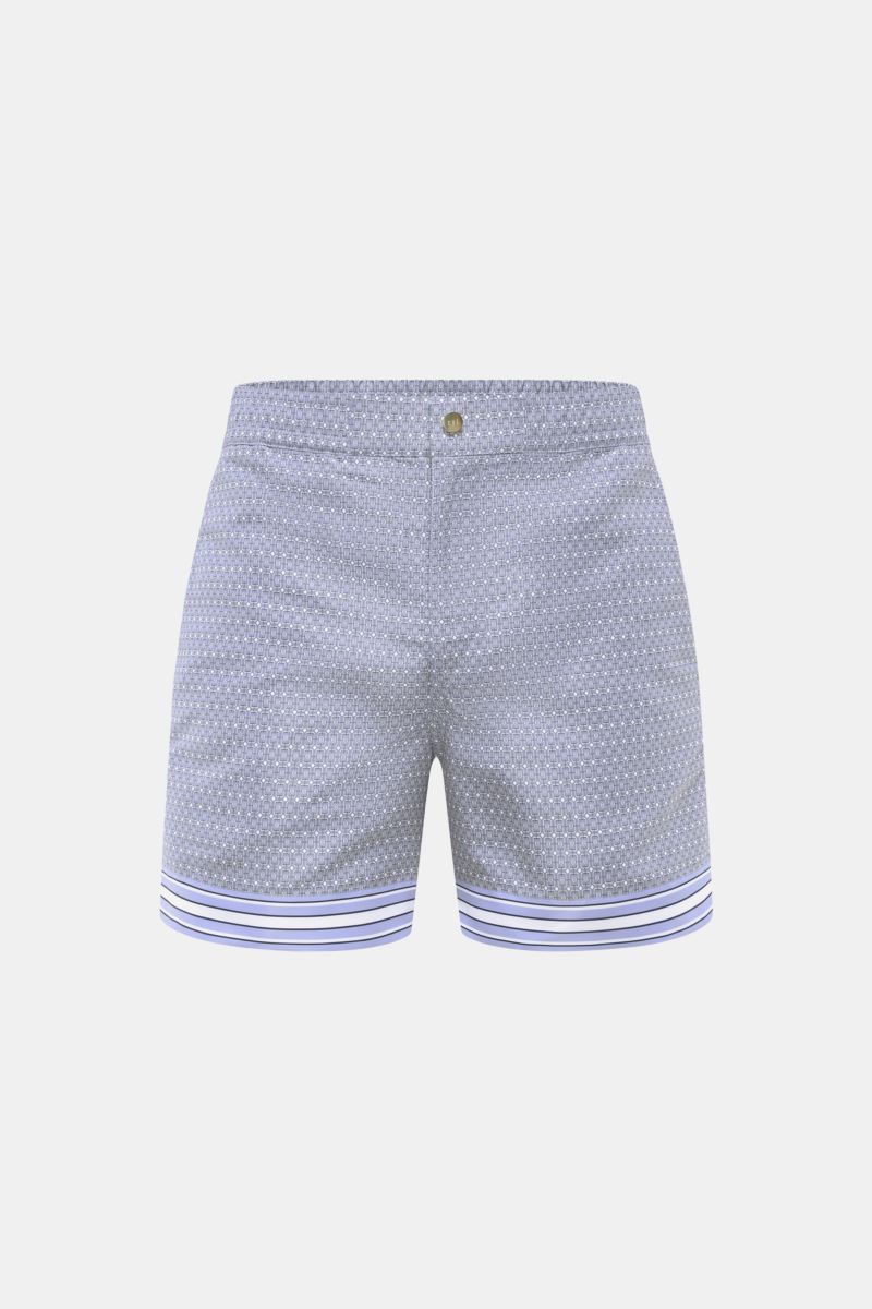Ché Badeshorts 'Lucena' rauchblau/weiß gemustert, Frontansicht, ornamentaler Print, elastischer Bund, Saumschlitz, leichte Microfaser, Regular Fit.