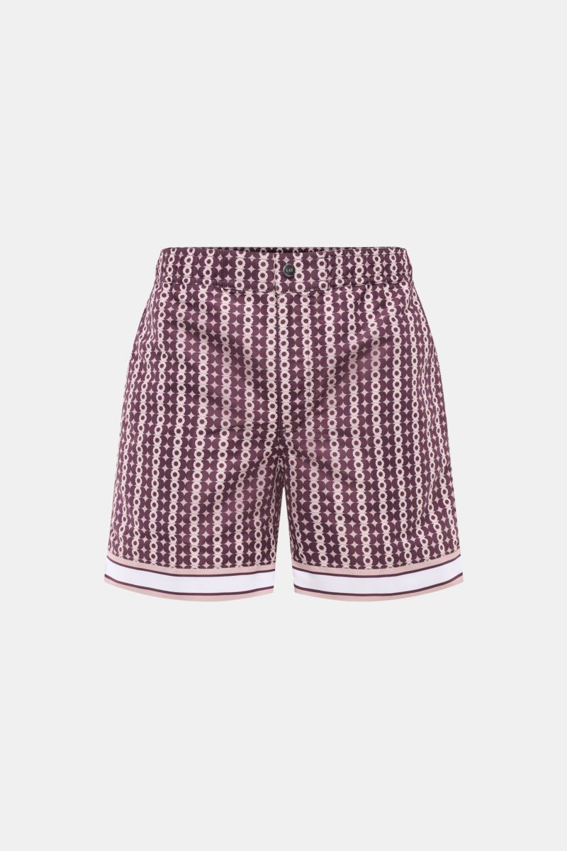 Ché Badeshorts 'Pressoa' bordeaux/hellbraun gemustert, Frontansicht, Regular Fit, elastischer Bund, Microfaser, Ornamentmuster, Reißverschluss, Mesh-Innenfutter.