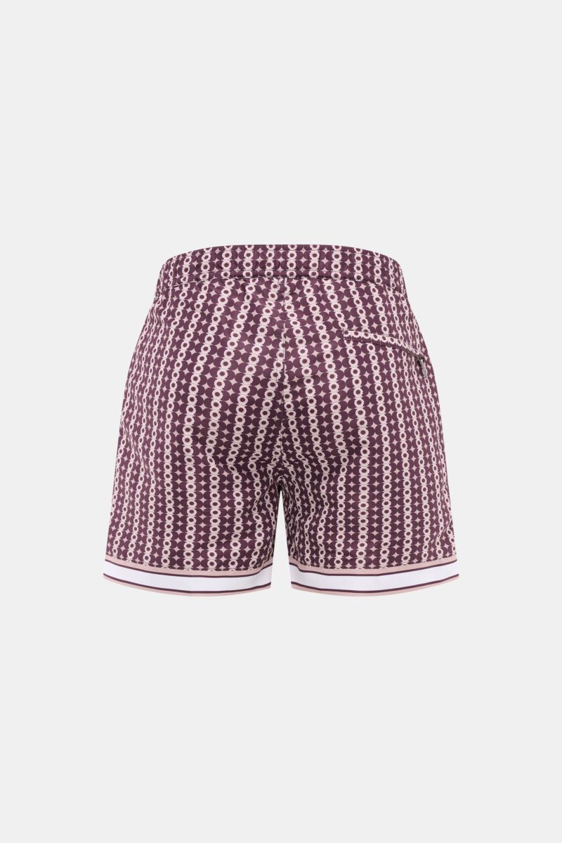 Ché Badeshorts 'Pressoa' bordeaux/hellbraun gemustert, Rückansicht, ornamentales Muster, Regular Fit, elastischer Bund, Mesh-Innenfutter.