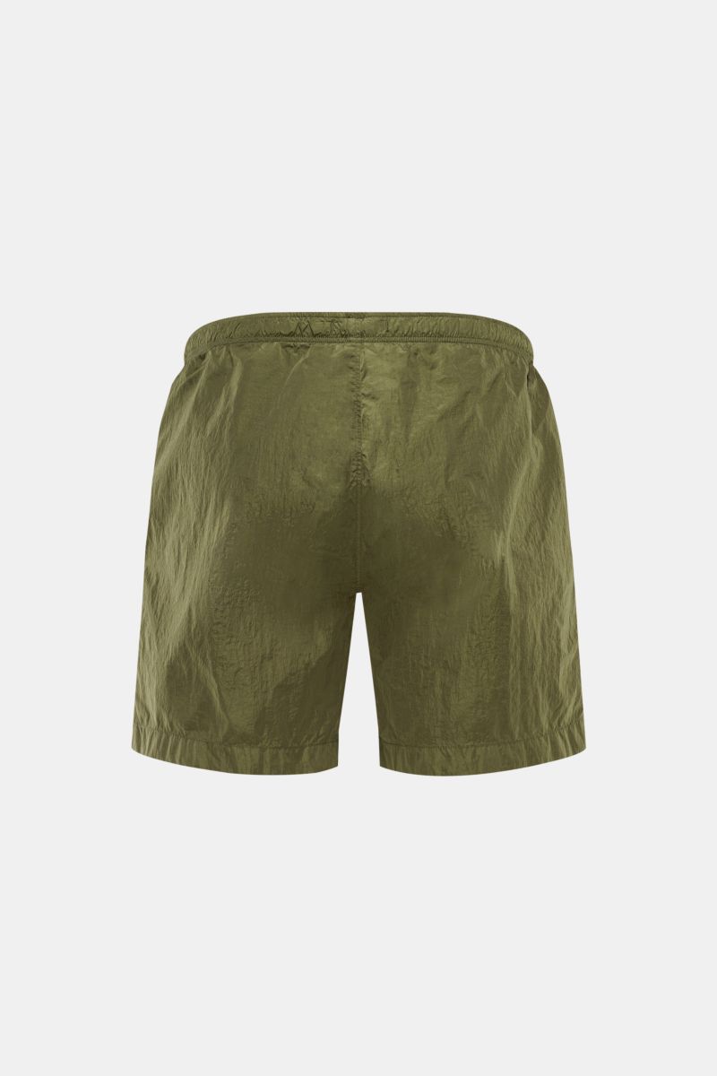 Alt tag (125 characters max):  
Back view of C.P. Company Swim shorts olive with elastic waistband, glossy finish, made of quick-drying microfibre fabric.

Description:  
Cool at the pool with C.P. COMPANY: These swim shorts feature a glossy finish and