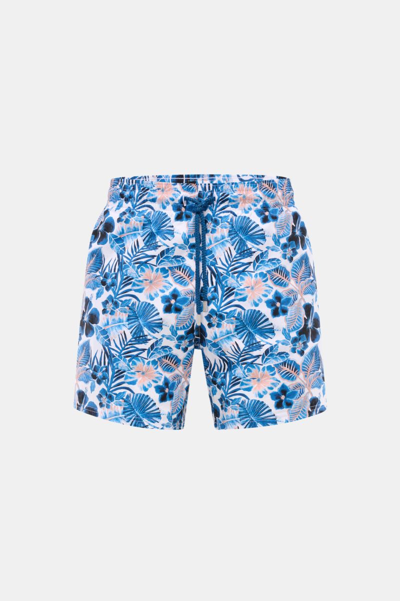 Vorderansicht der Vilebrequin Badeshorts 'Moorise' dunkelblau/weiß gemustert mit floralem Dschungel-Print, elastischem Bund, Tunnelzug.