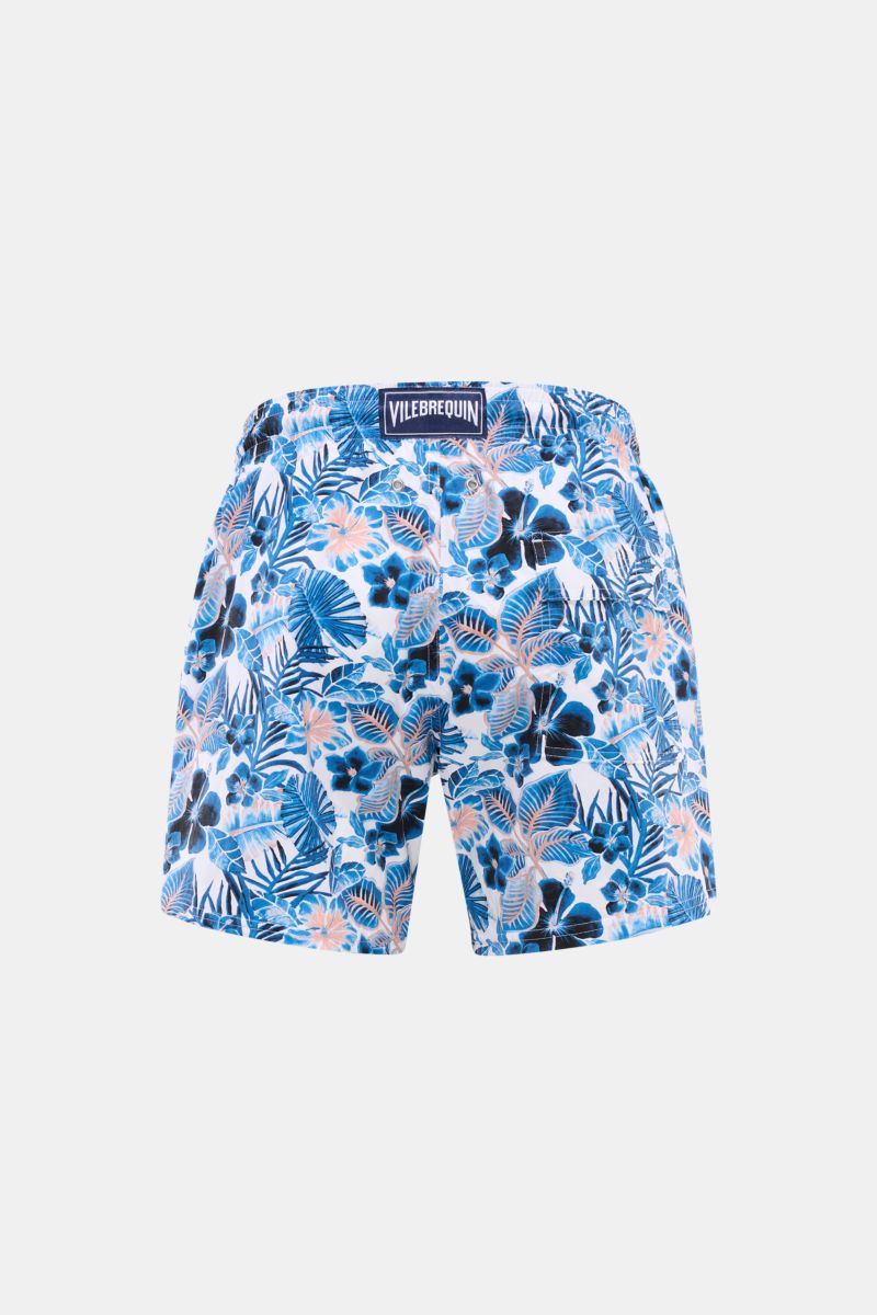 Vorderansicht der Vilebrequin Badeshorts 'Moorise' dunkelblau/weiß gemustert mit floralen Prints, elastischem Bund und VILEBREQUIN-Label.
